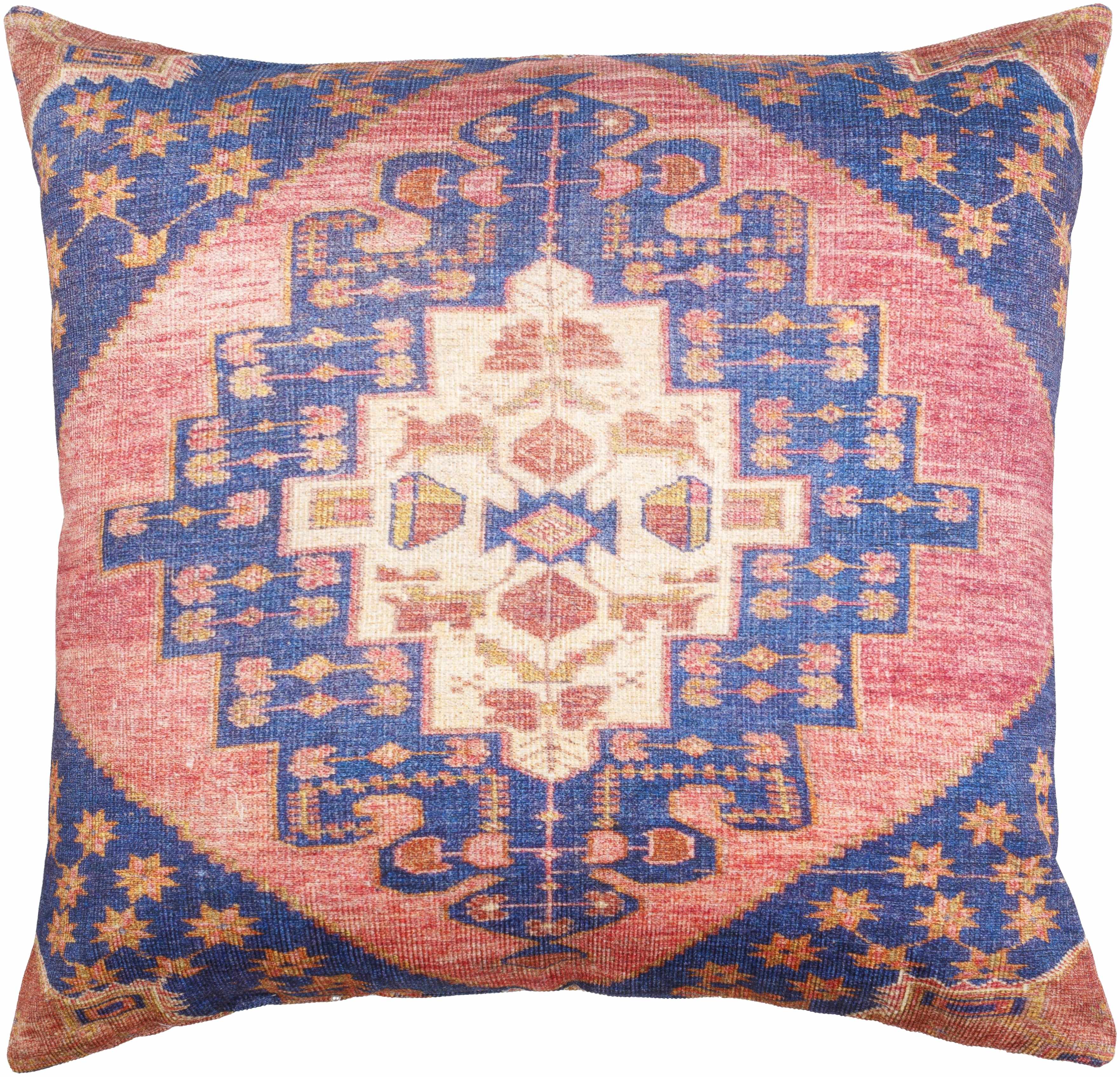 Decorative pillow with a geometric pattern in blue, pink, and beige on a white background