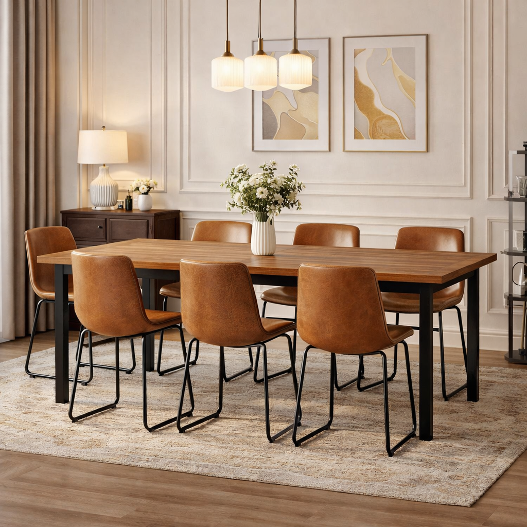 Dining room with wooden table and brown chairs, featuring abstract art on the wall.