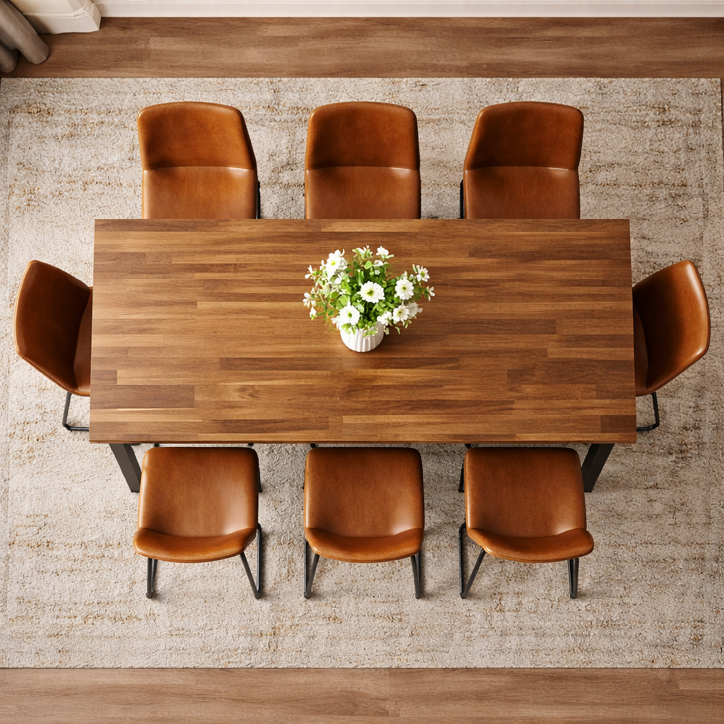 Wooden dining table with six brown chairs and a small floral arrangement on a textured rug.
