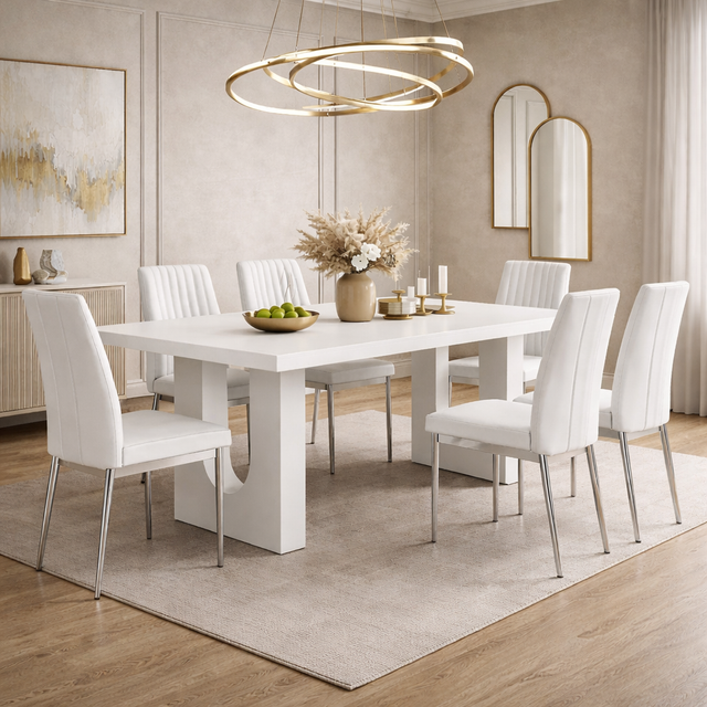 Modern dining room with a white table and chairs, featuring a chandelier and decorative elements.