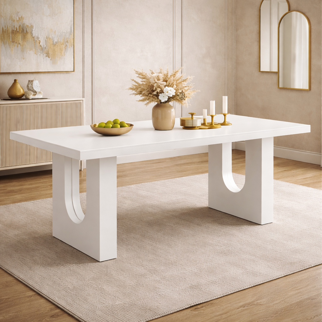 Modern white dining table with decorative items in a stylish room.
