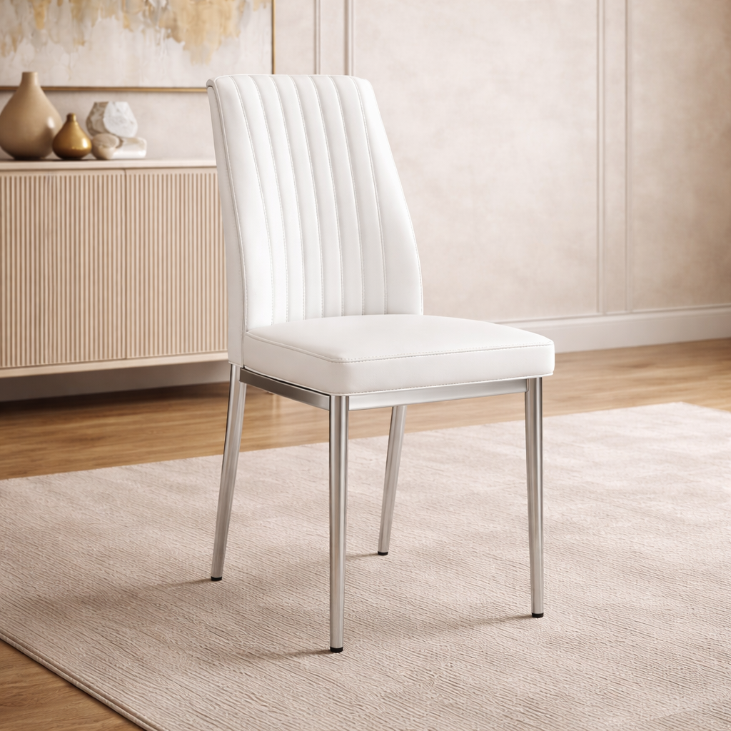 White chair with metal legs in a room with wooden floor and beige walls