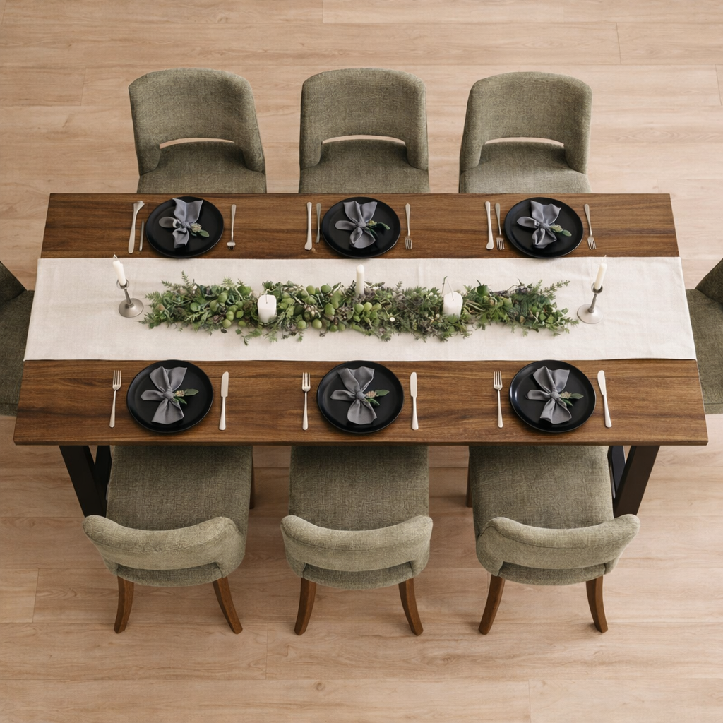 Dining table set with plates, silverware, and a centerpiece on a wooden floor.