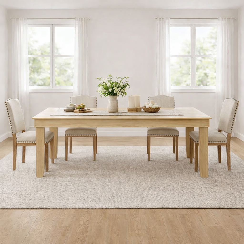 Dining room with a wooden table and chairs in a bright room.