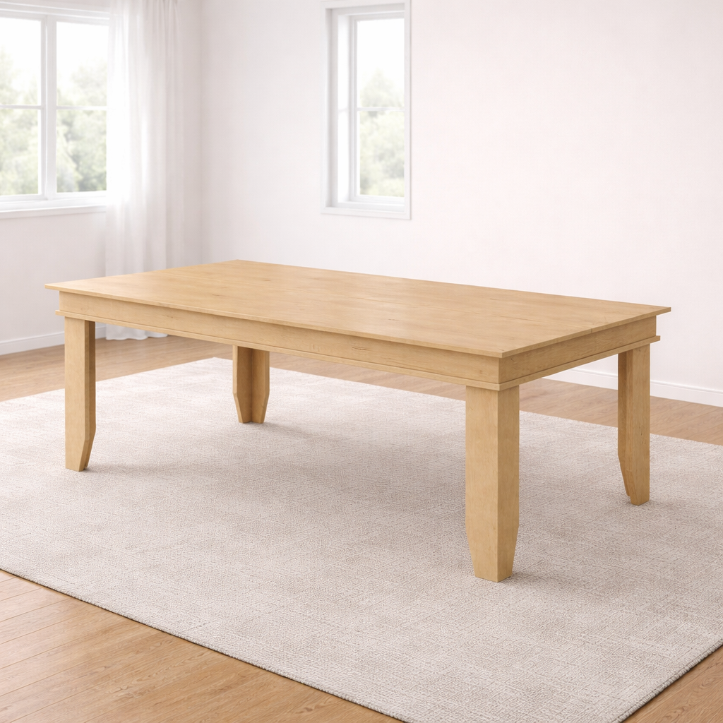 Wooden table in a room with white walls and a light rug.