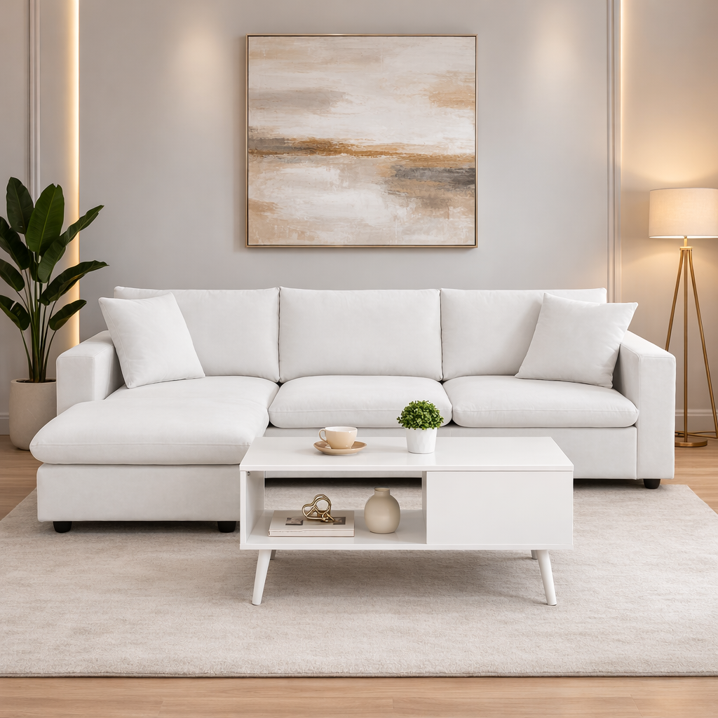 Modern living room with a white sectional sofa, coffee table, and abstract painting on the wall.