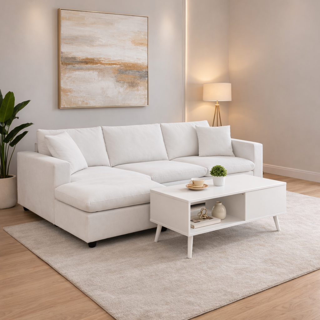 Modern living room with a white sectional sofa, coffee table, and abstract painting.