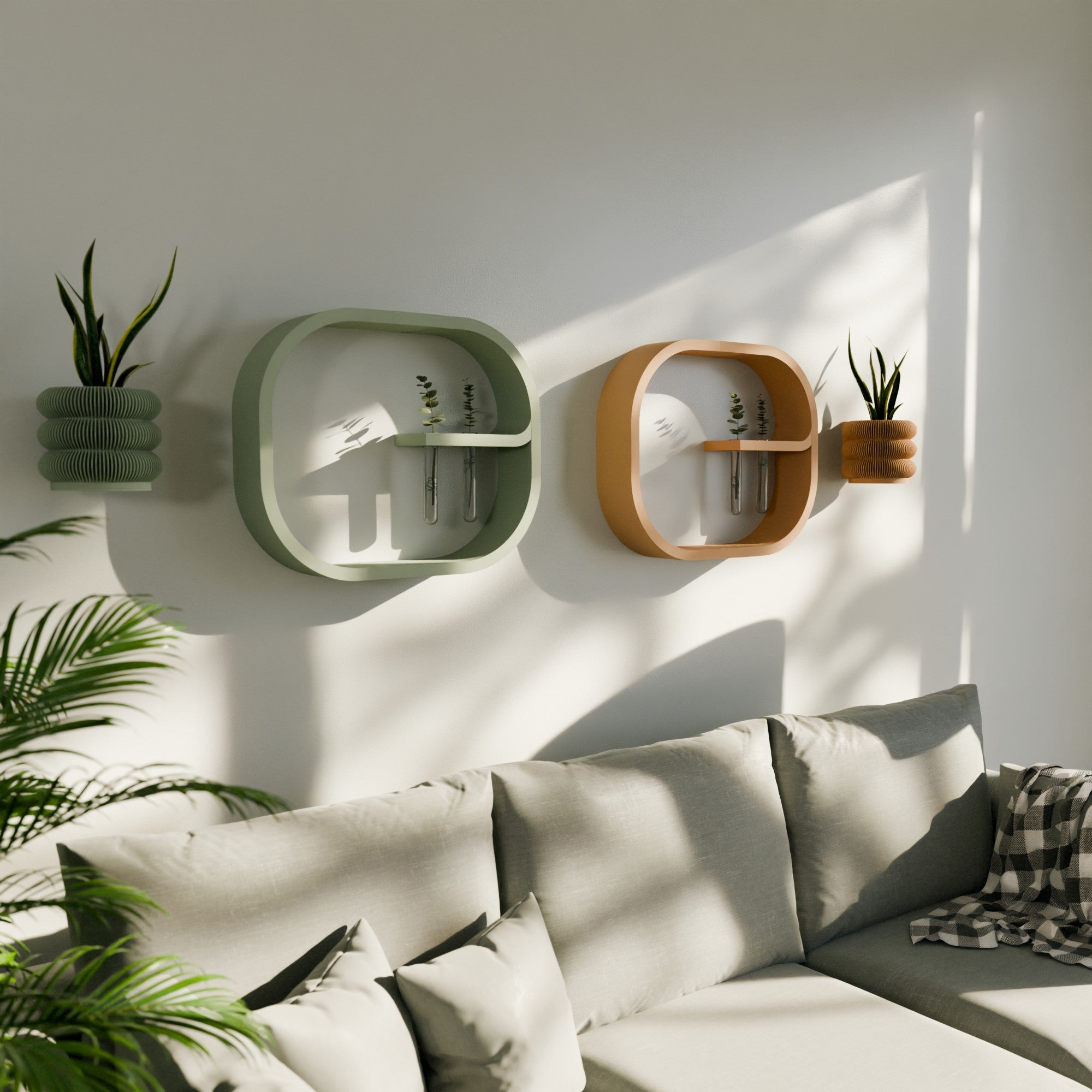 Walls with decorative shelves and plants, featuring a sofa and cushions in a bright room.