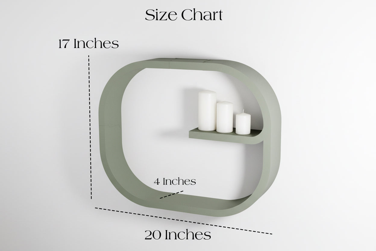 Green wall shelf with dimensions labeled on a white background
