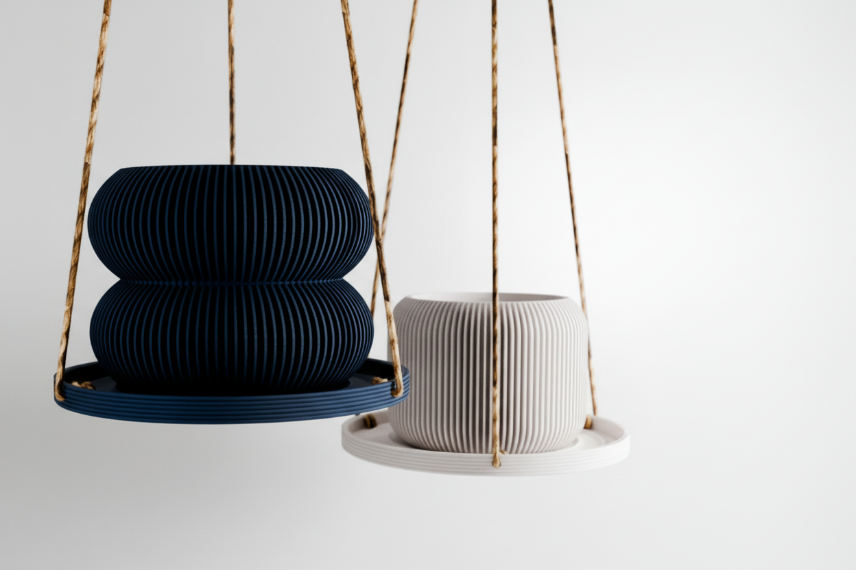 Two hanging planters, one blue and one white, on a neutral background.