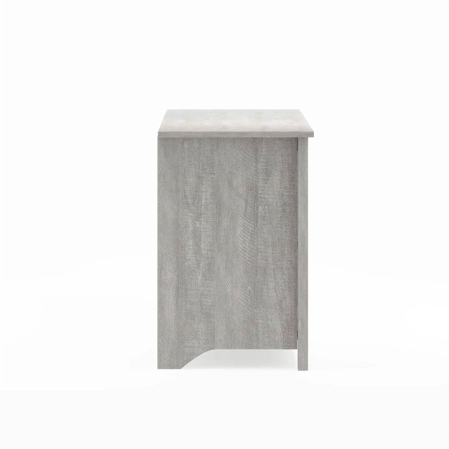 Small wooden side table with a white marble top on a white background