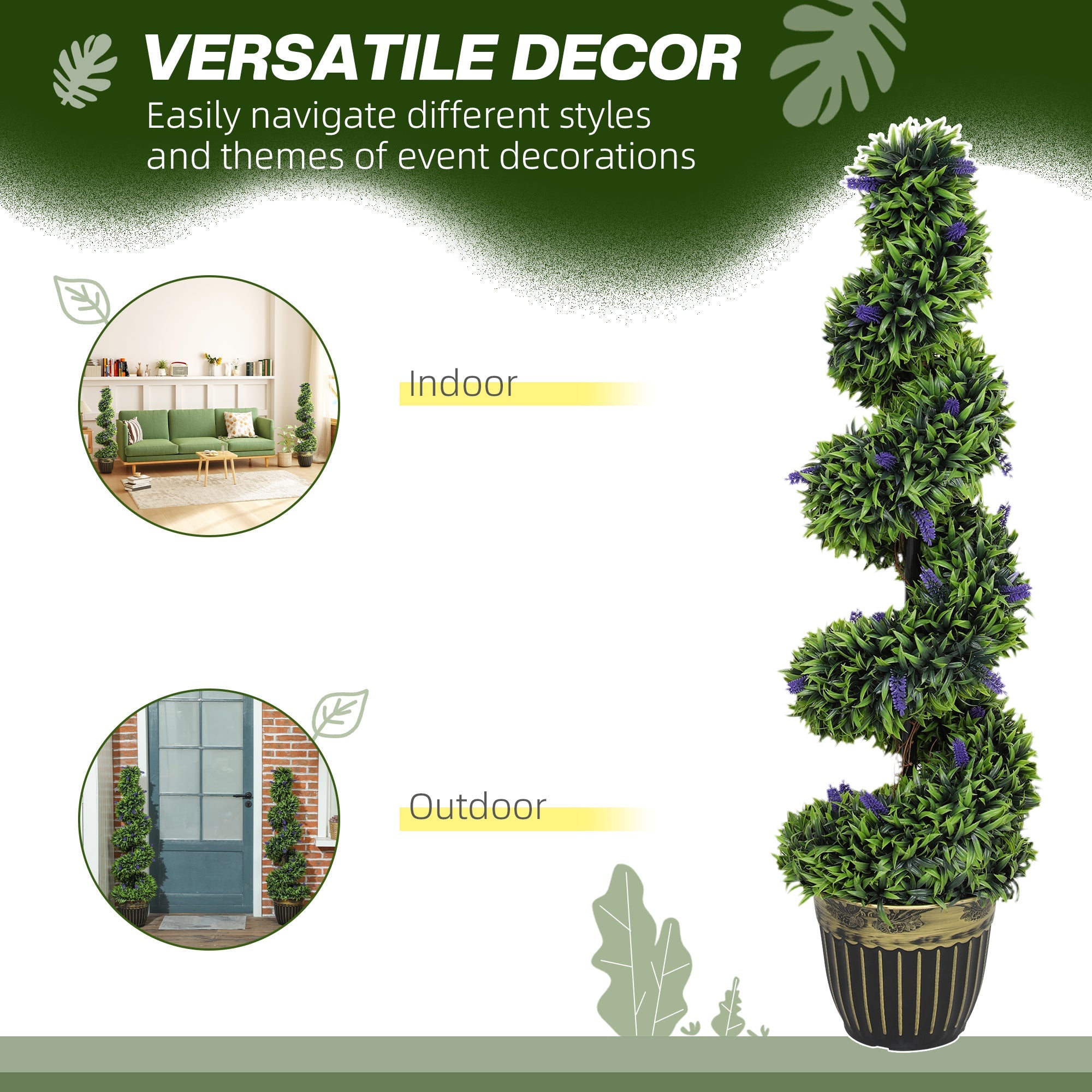Set of 2 Decorative Artificial Plants, Boxwood Spiral Topiary Tree with Lavender and Pot, Fake Plants for Home Indoor Outdoor Decor, 115cm-4