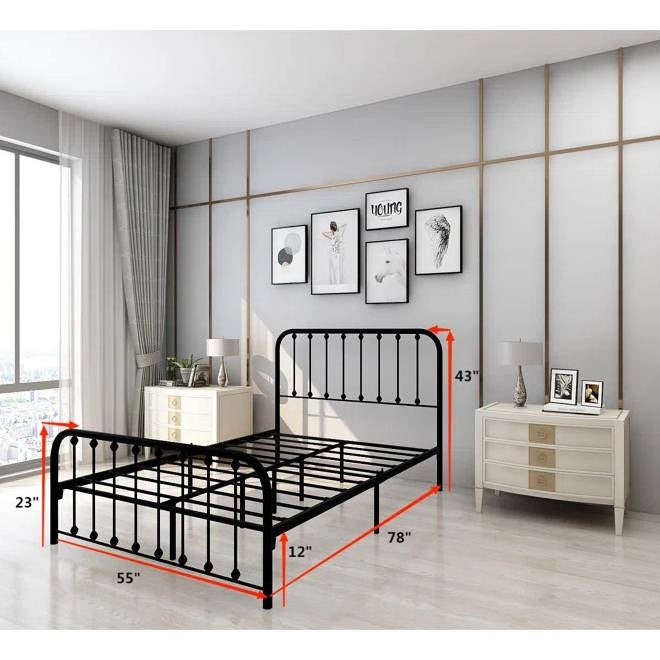 Full size Classic Black Metal Bed Frame with Slatted Headboard and Footboard-2