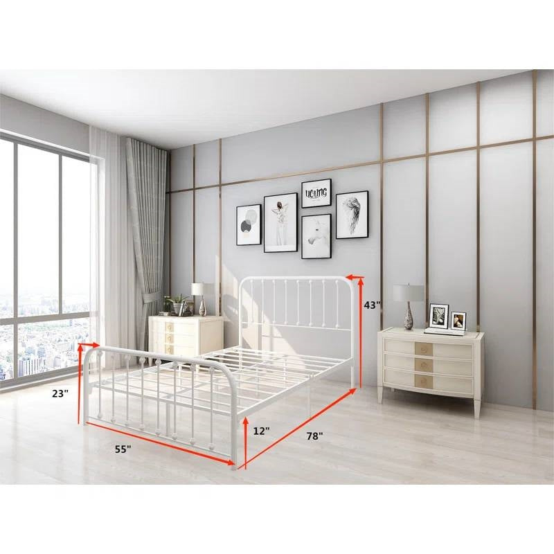 White metal bed frame with dimensions in a room setting