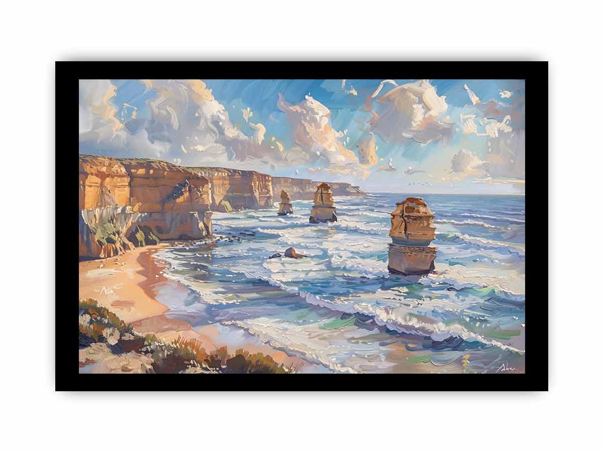 Framed artwork of a coastal scene with cliffs and ocean waves.