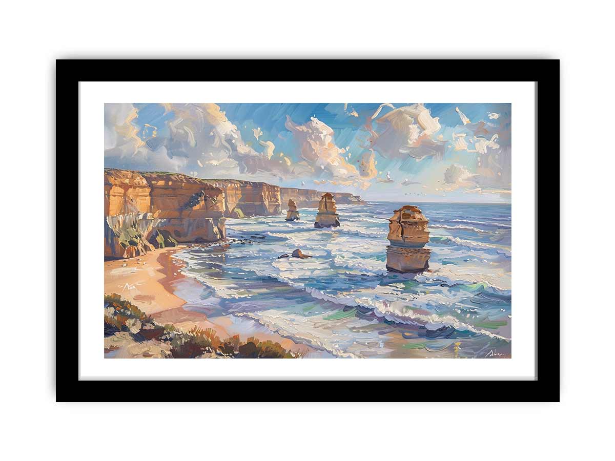Framed artwork of a coastal scene with cliffs and ocean waves.