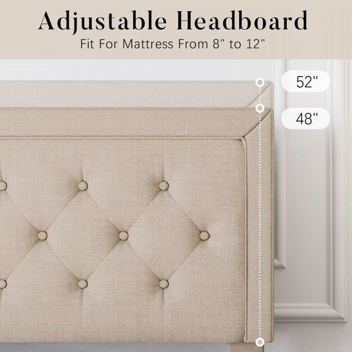 Beige tufted headboard with measurements on a neutral background