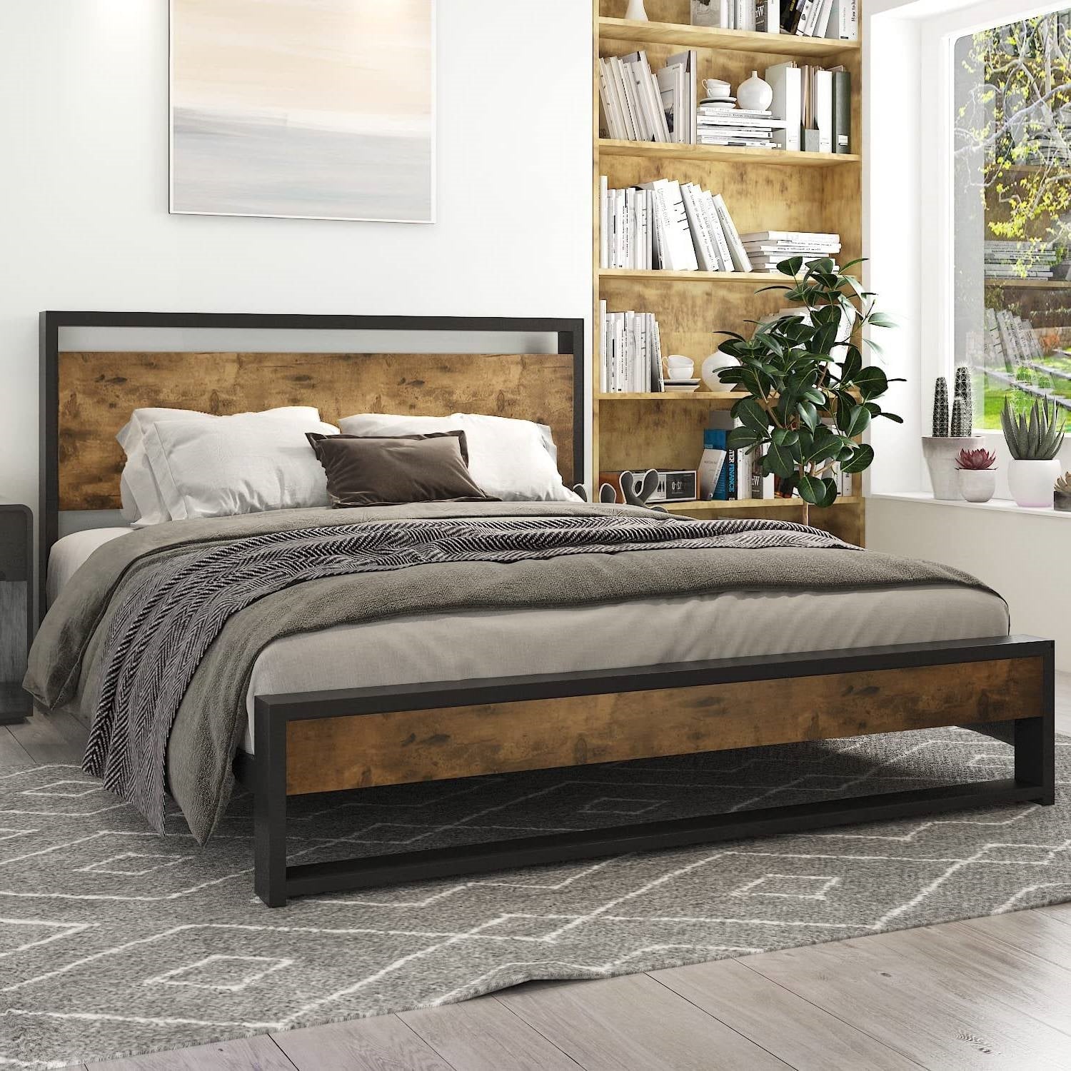 Wooden bed with metal frame in a bedroom setting