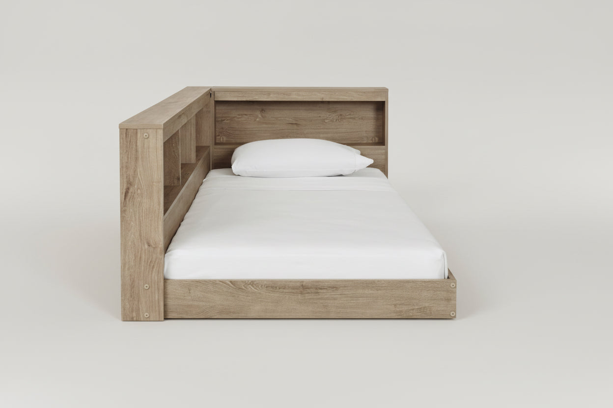 Full size Natural Wood Corner Storage Bed with Bookcase Headboard and USB Ports-3