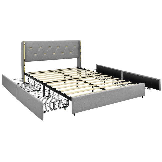 Gray upholstered bed with metal frame and storage drawers on a white background