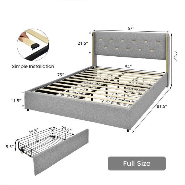 Gray upholstered bed with dimensions and installation instructions on a white background
