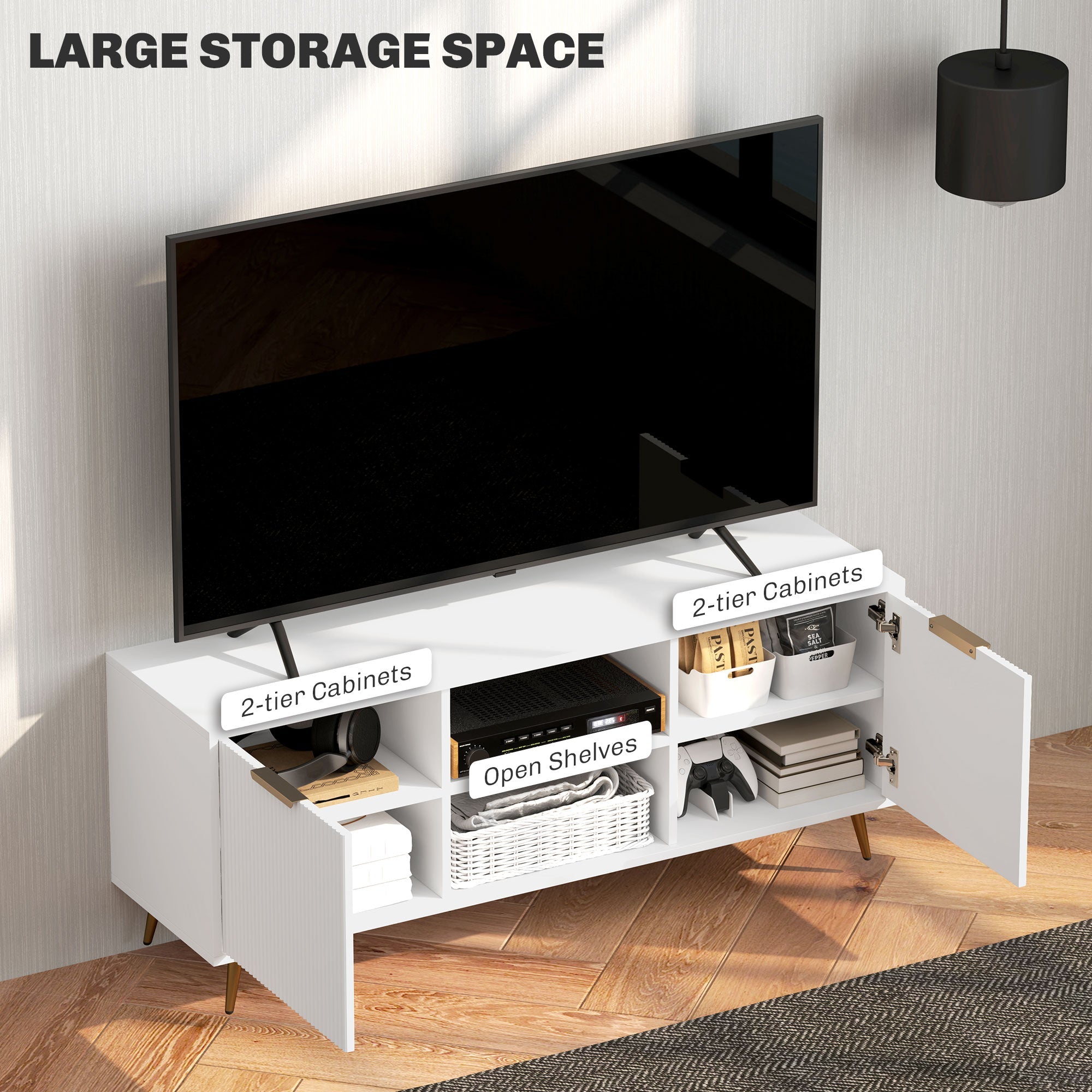 White TV stand with storage compartments in a room setting