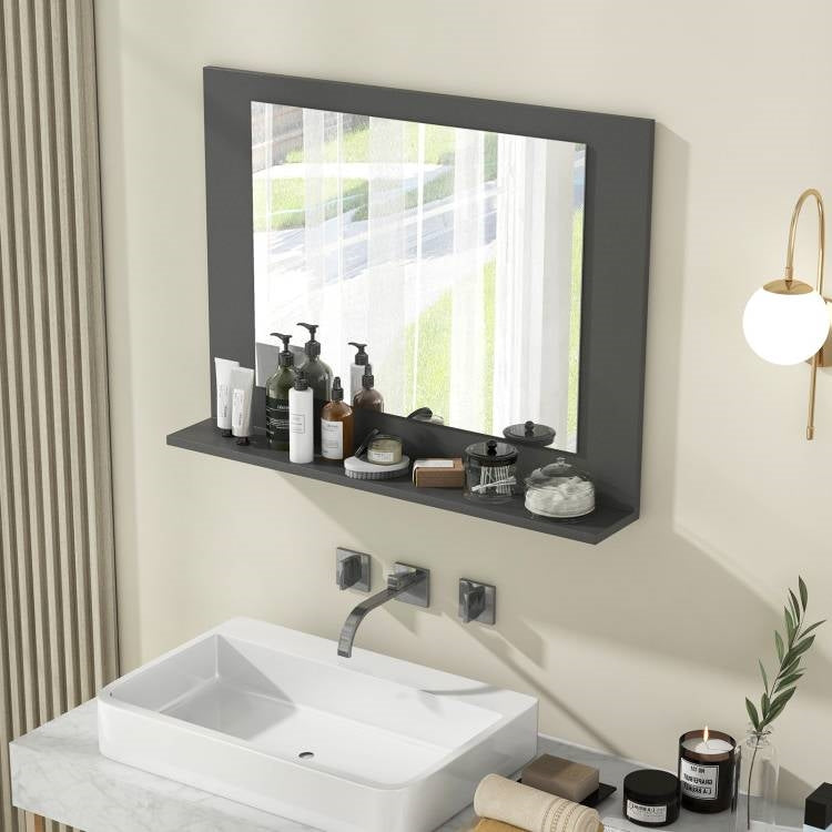 Hardy Haus Rectangular 23 x 17 Inch Bathroom Wall Mirror | Grey Wood Finish with Storage Shelf