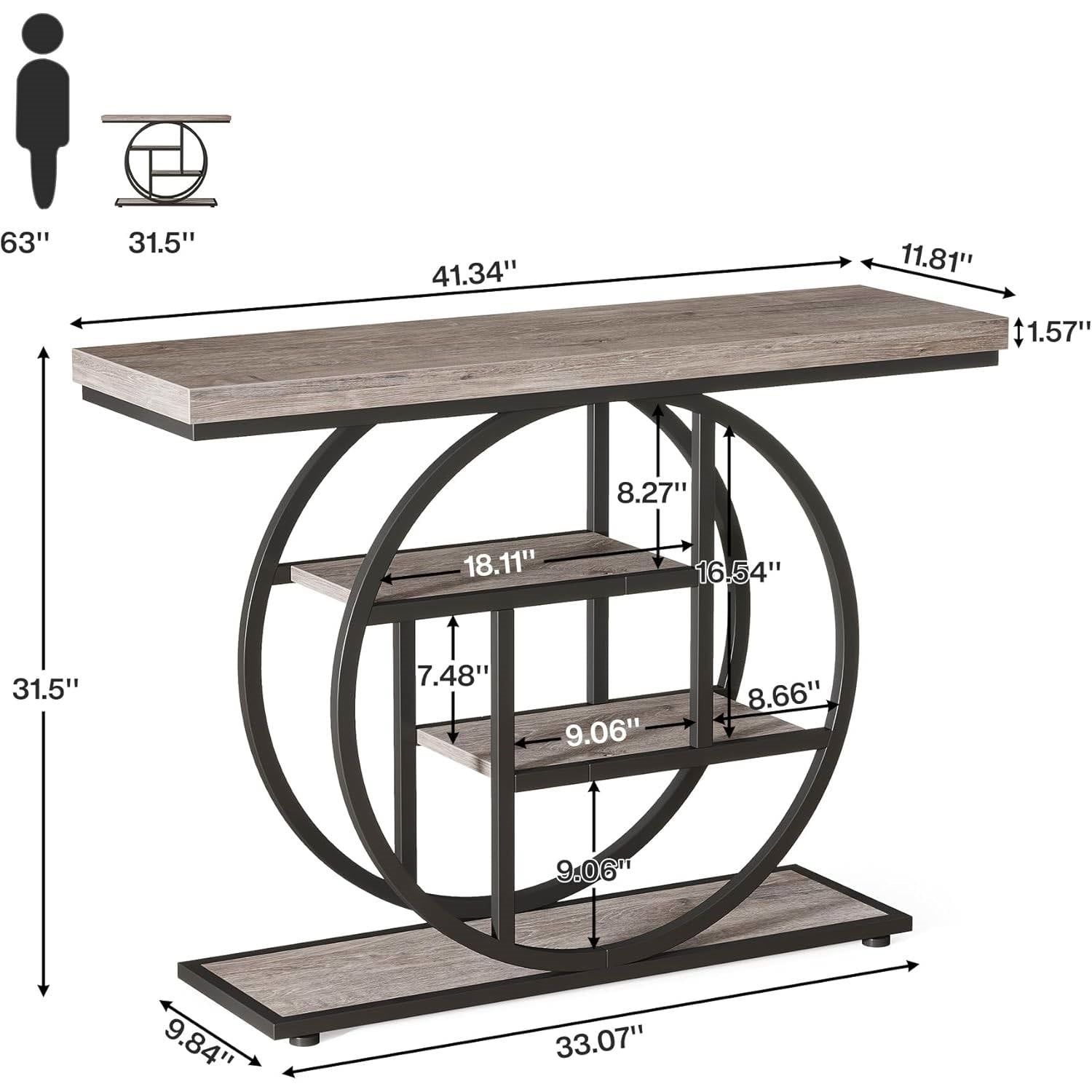 Console table with dimensions on a white background