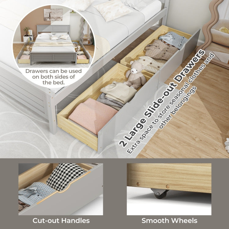 Bed with slide-out drawers and additional storage space, featuring cut-out handles and smooth wheels.