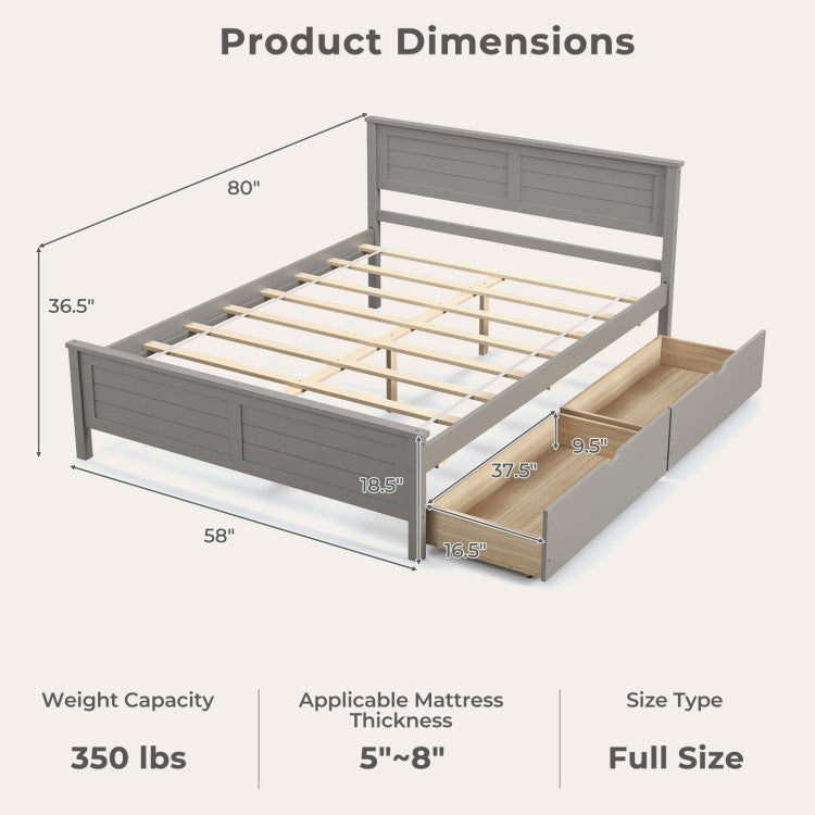 Gray bed frame with dimensions and features on a white background