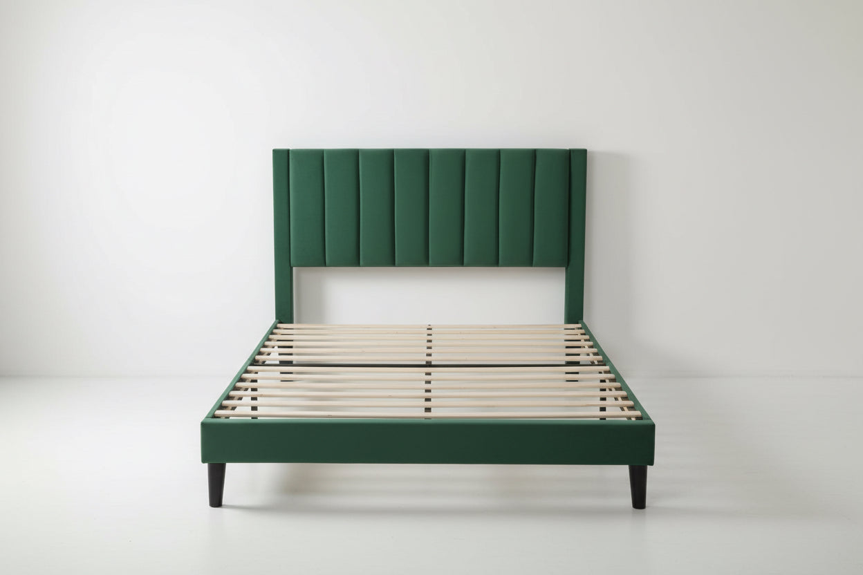 Queen size Modern Green Velvet Upholstered Platform Bed with Headboard-2