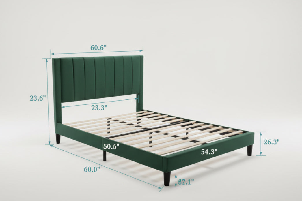 Queen size Modern Green Velvet Upholstered Platform Bed with Headboard-4