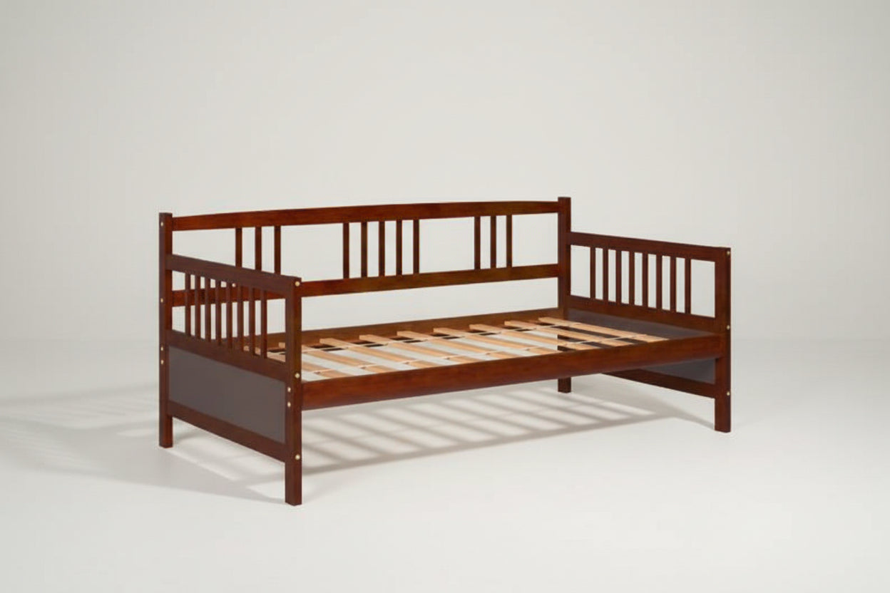 Twin size 2-in-1 Wood Daybed Frame Sofa Bed in Brown Cherry Finish-1