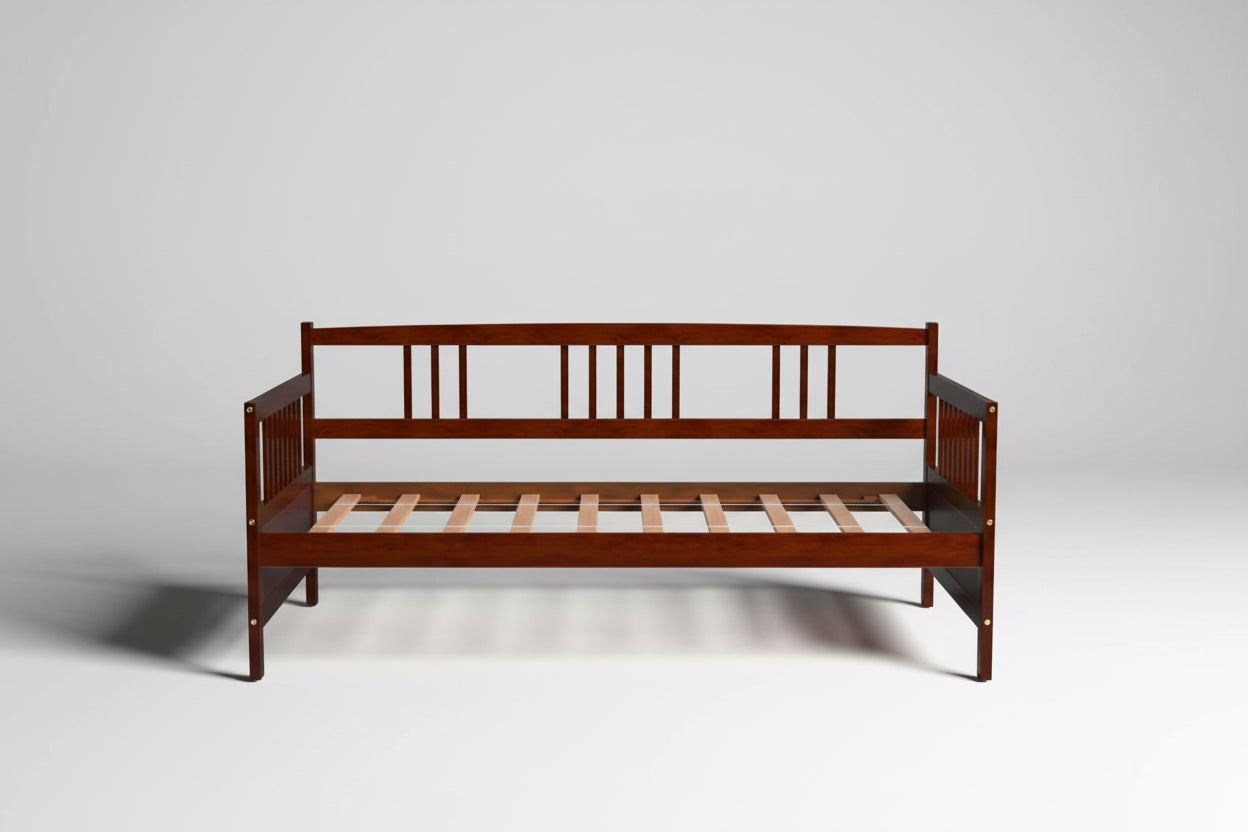 Twin size 2-in-1 Wood Daybed Frame Sofa Bed in Brown Cherry Finish-2