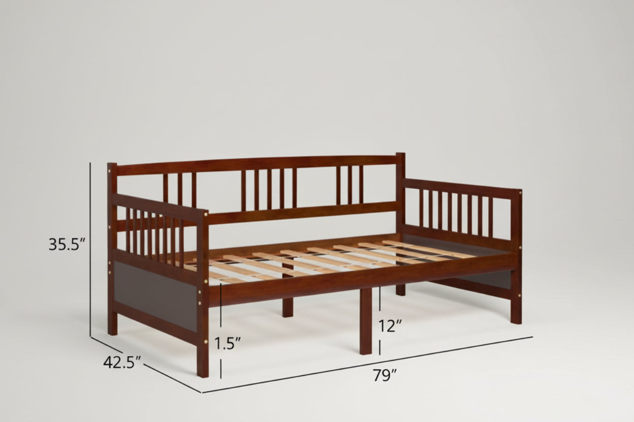Twin size 2-in-1 Wood Daybed Frame Sofa Bed in Brown Cherry Finish-4