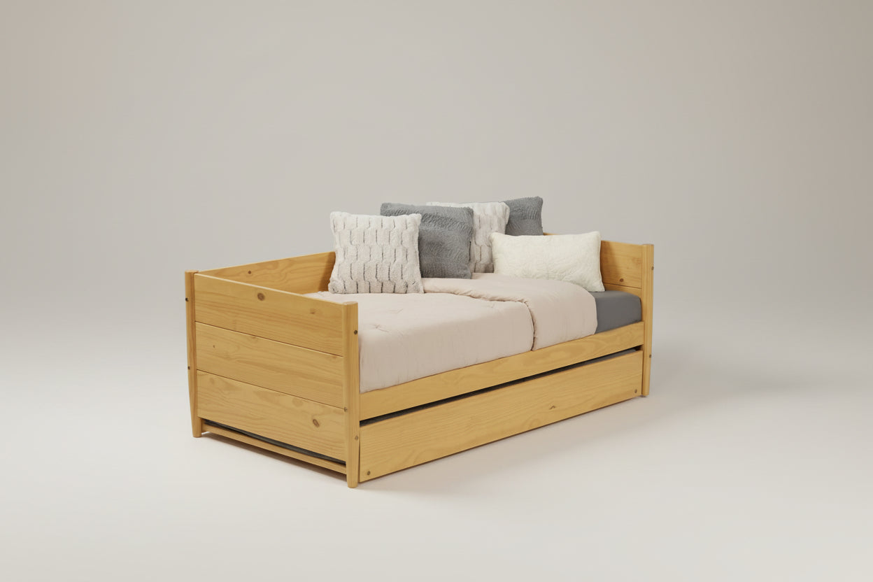 Twin Solid Wood Daybed with Roll Out Trundle Bed Frame in Light Yellow Brown-1