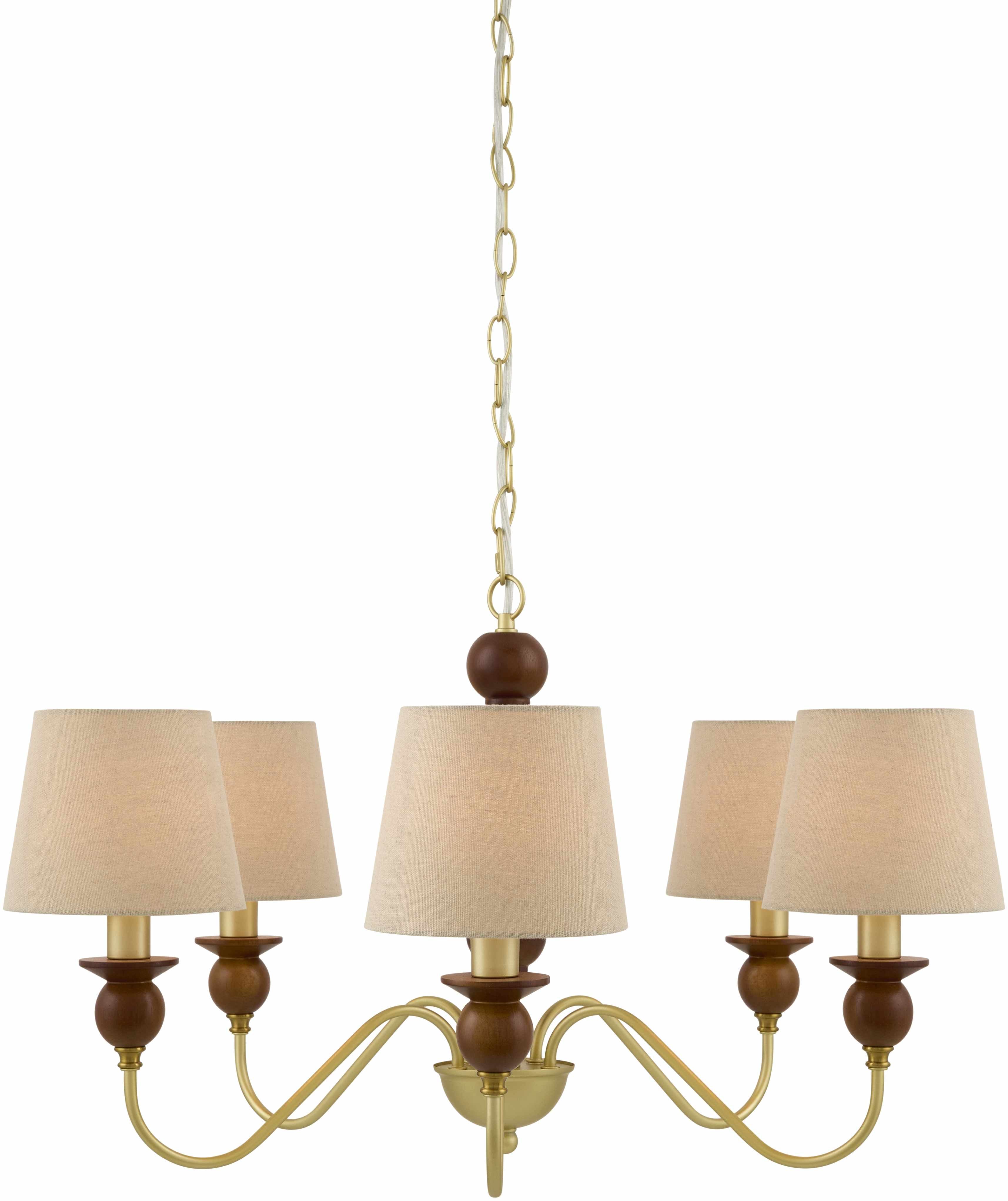 Chandelier with beige lampshades and wooden accents on a white background