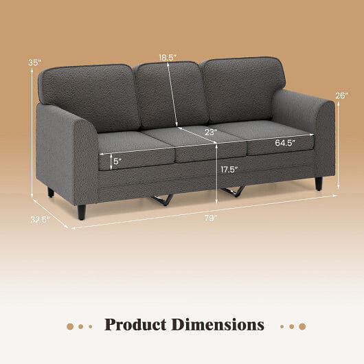 Upholstered Teddy Velvet 3-Seat Sofa with Comfy Back Pillows-Gray-2