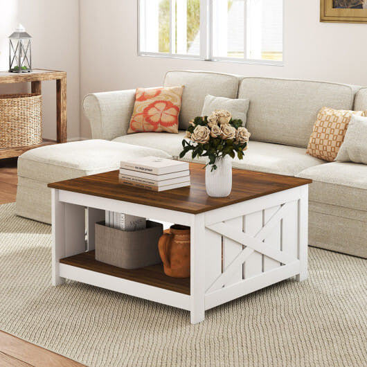 Coffee table with wooden top and white base in a living room setting