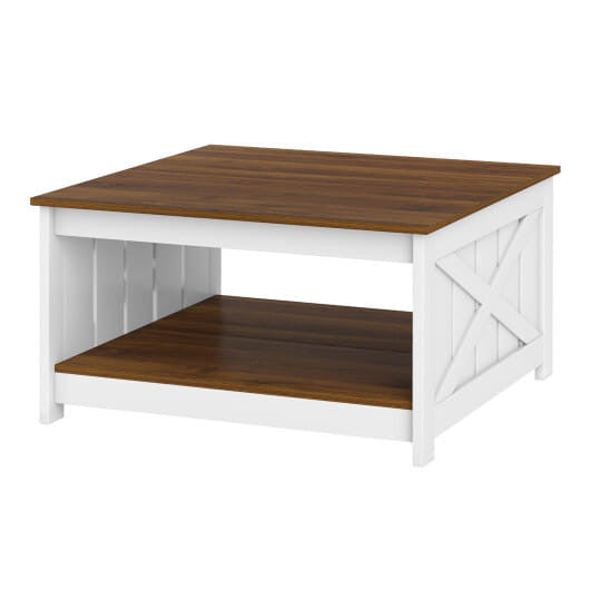 Two-toned coffee table with wooden top and white base on a white background