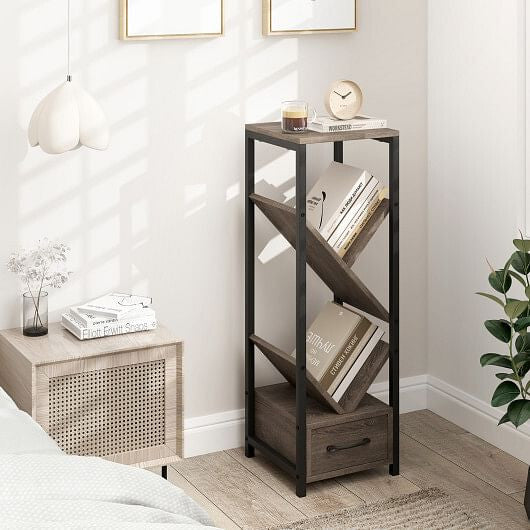 Wooden shelf with books and decor items in a bedroom setting