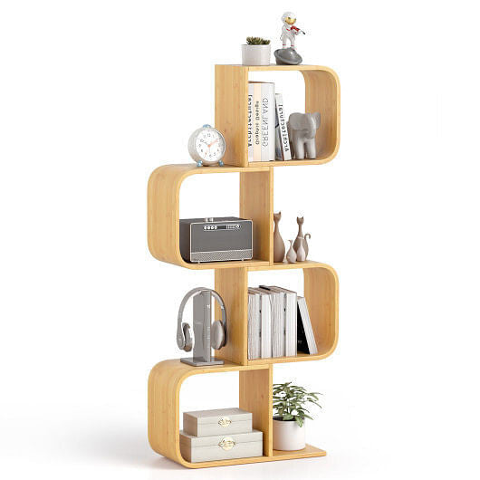 Wooden bookshelf with various items on a white background