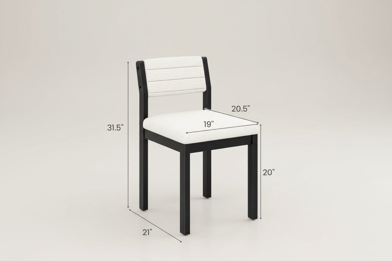 Chair with dimensions and weight capacity displayed on a white background