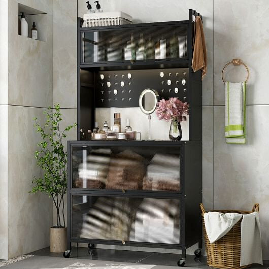 Black storage cabinet in a bathroom with various items on shelves.