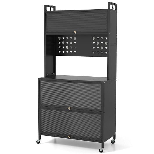 Black metal storage unit with wheels on a white background