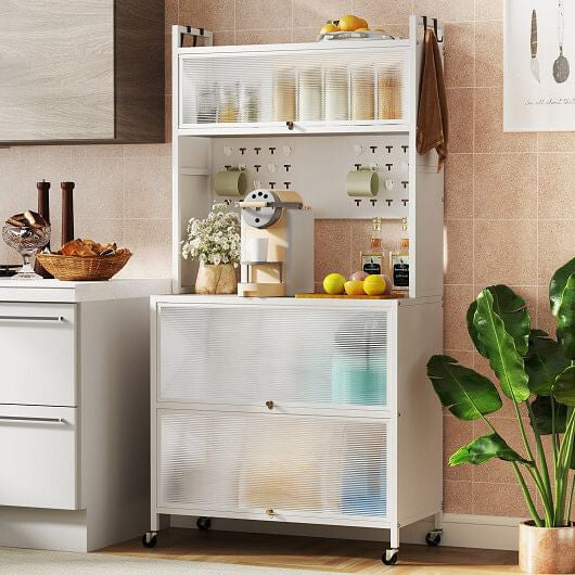 Kitchen cabinet with glass doors and drawers in a kitchen setting