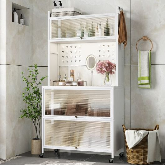 White storage cabinet with glass doors in a bathroom setting.