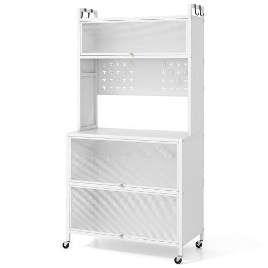 White metal storage cart with wheels on a white background