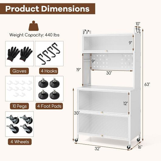 Product dimensions chart for a white shelf with various accessories on a white background