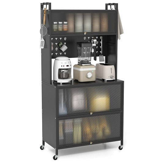 Kitchen cart with appliances and storage drawers on a white background